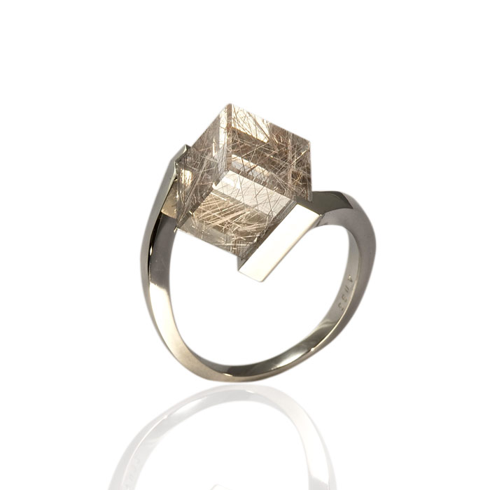 Cube Ring, Grey Rutilated Quartz and White Gold