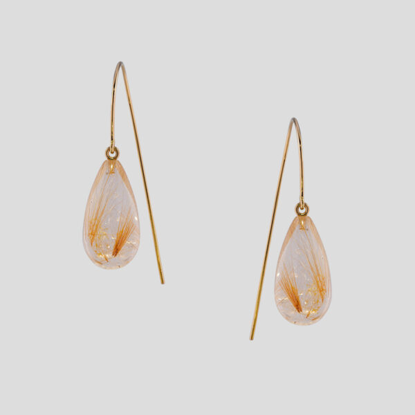 Boucles d'Oreilles Virgule C Quartz Rutile et Or Jaune